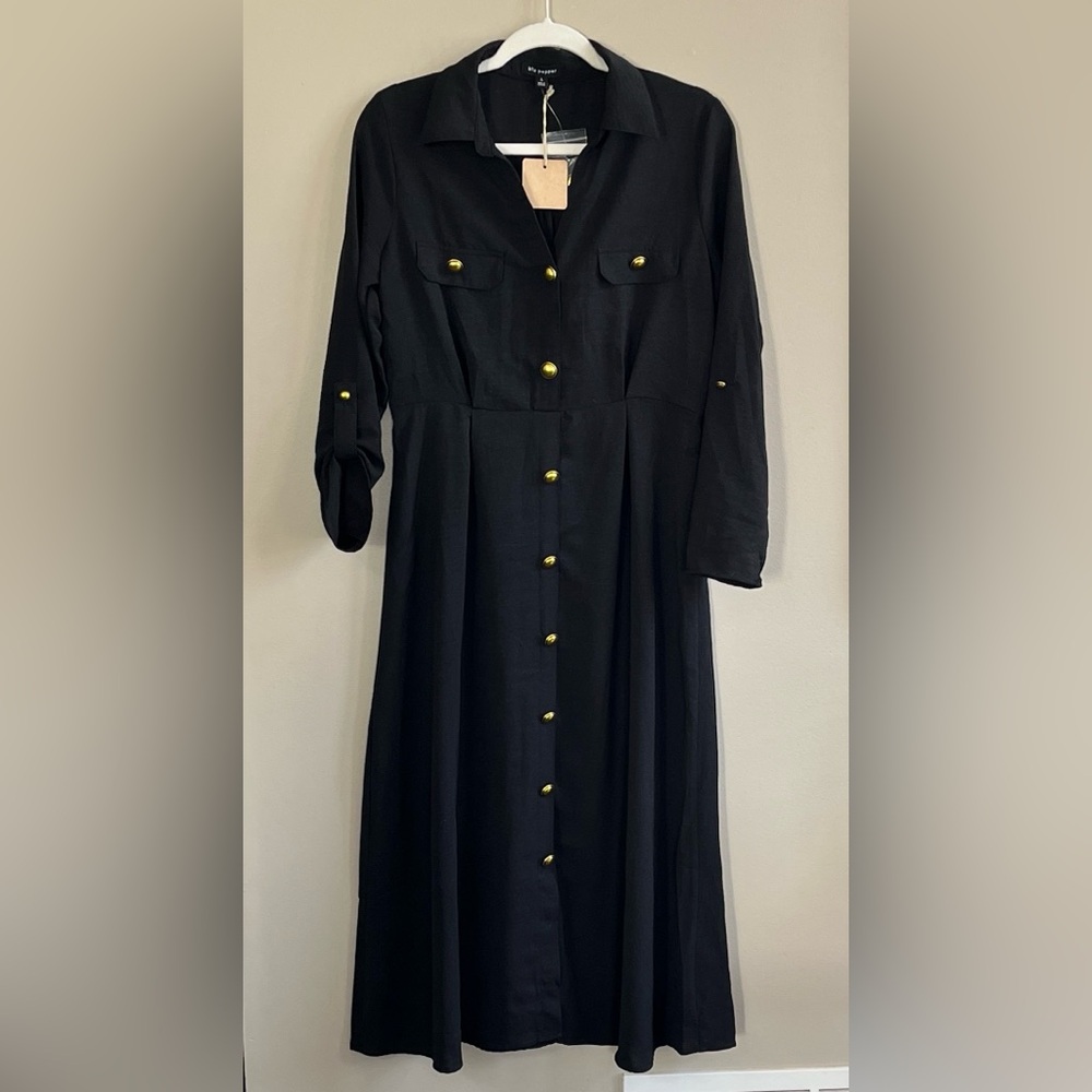 Blu Pepper black long sleeve shirt dress with gold buttons size large